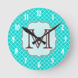 Blauwgroen Quarterfoil Latti Monogram Initiaal wan Ronde Klok