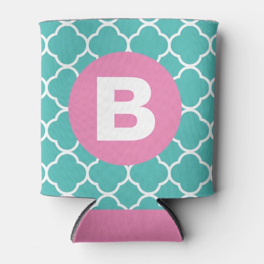 Blauwgroen Quatrefoil Patroon Custom Roze Monogram Blikjeskoeler (Voorkant)