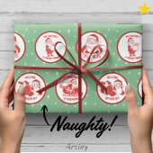 Blauwgroen Rode Retro Naughty Santa Christmas Cadeaupapier
