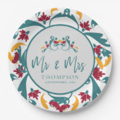 Blauwgroen rode sierlijke Mr. Mrs. Naam Bruiloft P Papieren Bordje (Voorkant)