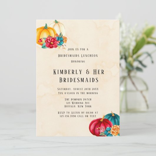 Blauwgroen Rood Sinaasappel Boho Pumpkins Bruidsme Kaart (Staand voorkant)