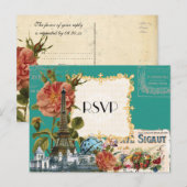 Blauwgroen  Roos Eiffeltoren sparen de Kaart van d (Voorkant / Achterkant)