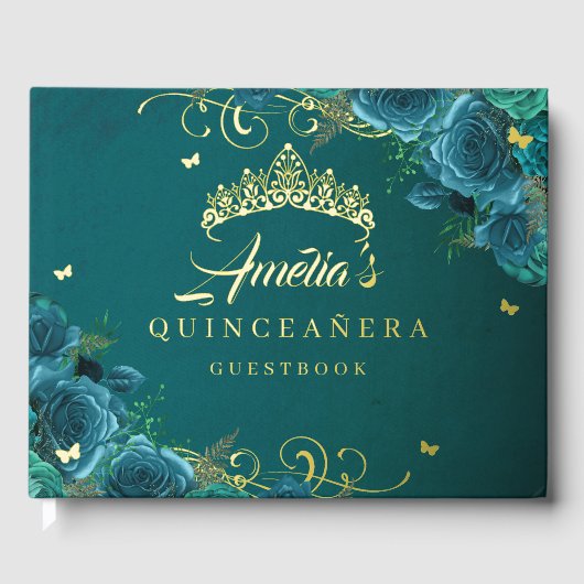 Blauwgroen Roos Floral Swirl Quinceanera Gold Gastenboek (Voorkant)