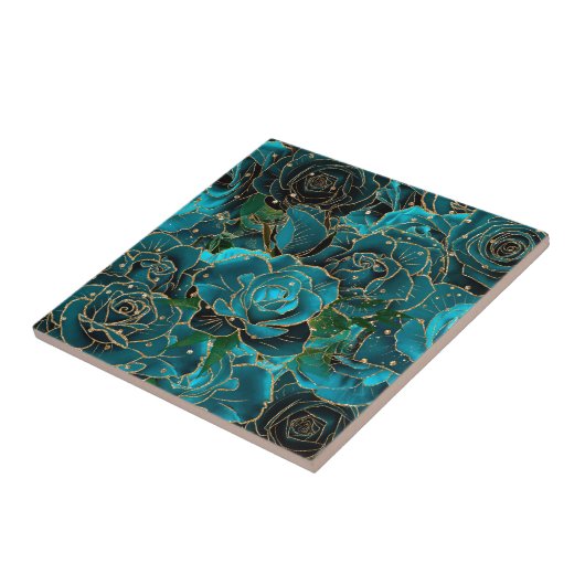 Blauwgroen Roos Gold Glitter Glam Boho Floral Tegeltje (Zijkant)