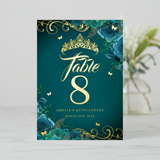 Blauwgroen Roos Swirl Quinceanera Gouden Tafelnumm Folie Uitnodiging (Staand Voorkant)