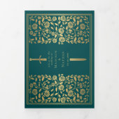 Blauwgroen Royal Medieval Sword Wedding QR Code Drieluik Uitnodiging (Cover)