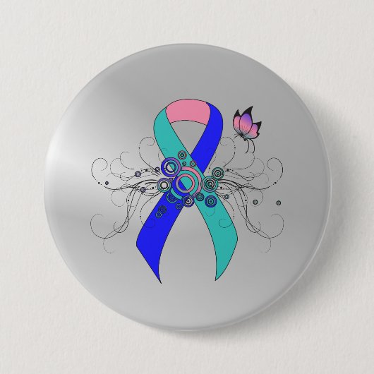 Blauwgroen/roze/blauw lint met vlinder ronde button 7,6 cm (Voorkant)