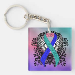 Blauwgroen/Roze/Blauw Lint met Wingen Sleutelhanger