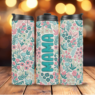 Blauwgroen Roze Boho Bloemen 3D Opgeblazen Mama Thermosbeker