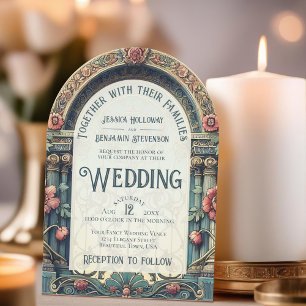 Blauwgroen & Roze Elegante Arch Art Nouveau bruilo Kaart