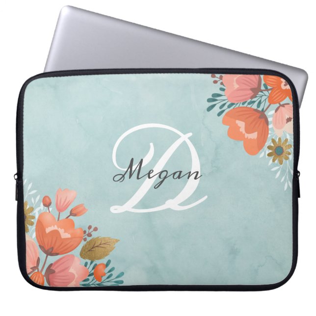 Blauwgroen Roze Floral Monogram Laptop Sleeve (Voorkant)