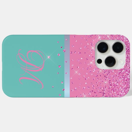 Blauwgroen & Roze Glitter Monogram iPhone Sampsung Case-Mate iPhone Case (Achterkant (horizontaal))