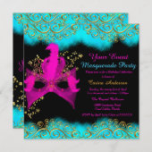 Blauwgroen roze goudMasquerade Birthday Party Kaart (Voorkant / Achterkant)