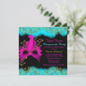 Blauwgroen roze goudMasquerade Birthday Party Kaart (Staand voorkant)