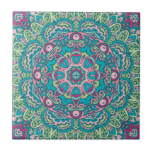 Blauwgroen, roze, groen & geel Boho Mandala decora