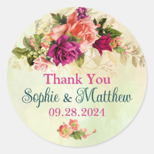 Blauwgroen, Roze, Groen, Gouden Vette Bloemen Huwe Ronde Sticker