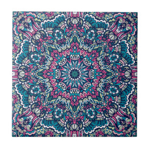 Blauwgroen, roze, groen & Navy Vibrant Boho Mandal Tegeltje