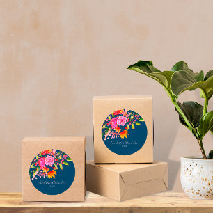 Blauwgroen roze Oranje Waterverf Floral Custom Wed Ronde Sticker