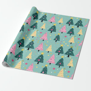 Blauwgroen roze retro kerstbomen cadeaupapier