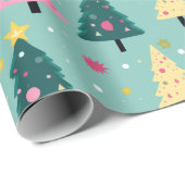 Blauwgroen roze retro kerstbomen cadeaupapier (Rol Hoek)