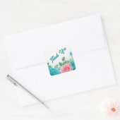 Blauwgroen & Roze Rose Waterverf Dank u Vierkante Sticker (Envelop)