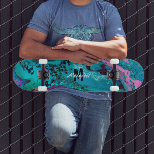 Blauwgroen roze zwarte vloeibare Abstracte monogra Skateboard