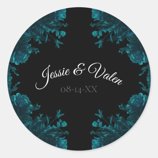 Blauwgroen Rozen Black Gothic Wedding Ronde Sticker (Voorkant)
