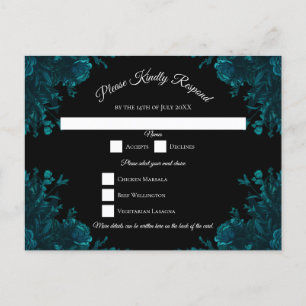Blauwgroen Rozen Black Gothic Wedding RSVP Antwoor Feestdagenkaart