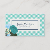 Blauwgroen Rozen Floral en Mint Gingham Visitekaartje (Voorkant)