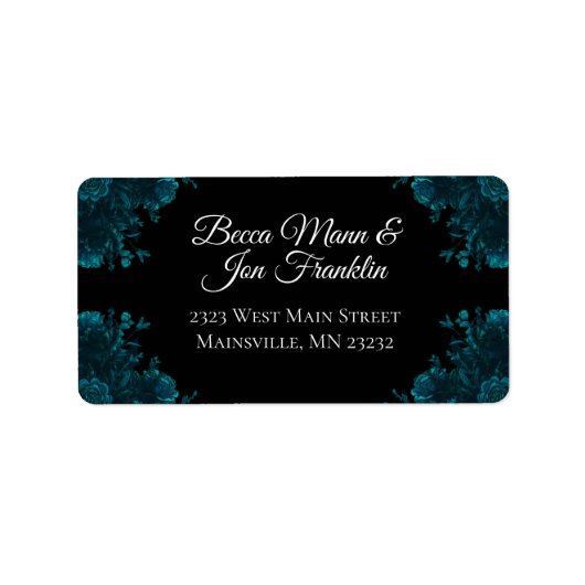 Blauwgroen Rozen Zwarte Gothic Wedding Adresetiket Etiket (Voorkant)