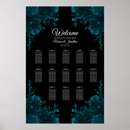 Blauwgroen Rozen Zwarte Gothic Wedding Seating Cha Poster