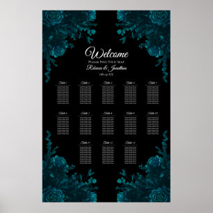 Blauwgroen Rozen Zwarte Gothic Wedding Seating Cha Poster
