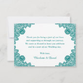 Blauwgroen Rustic Chic Lace Sunflower Wedding Bedankkaart (Achterkant)