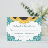 Blauwgroen Rustic Chic Lace Sunflower Wedding RSVP Kaartje (Staand voorkant)
