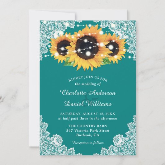 Blauwgroen Rustic Lace Sunflower Wedding Kaart (Voorkant)