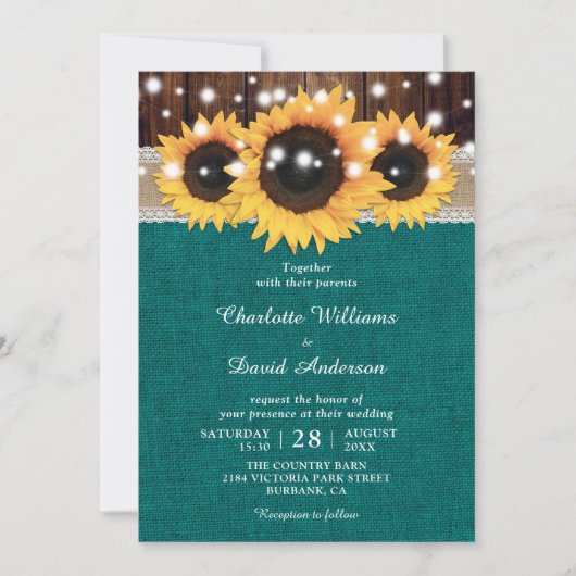 Blauwgroen Rustic Sunflower Wedding Kaart (Voorkant)