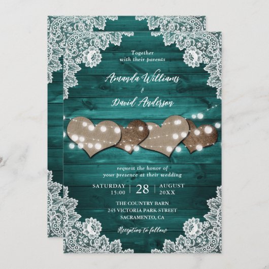 Blauwgroen Rustic Wood Burlap Hearts Borg Kaart (Voorkant / Achterkant)