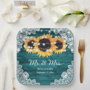 Blauwgroen Rustic Wood Lace Sunflower Wedding Papieren Bordje