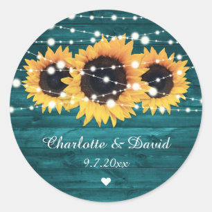 Blauwgroen Rustic Wood Lights Sunflower Wedding Ronde Sticker