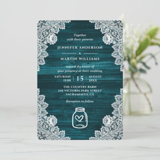 Blauwgroen rustieke houten Mason Jar Floral Lace W Kaart (Staand voorkant)
