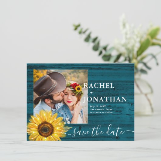 Blauwgroen rustieke zonnebloem foto bruiloft opsla save the date (Staand voorkant)