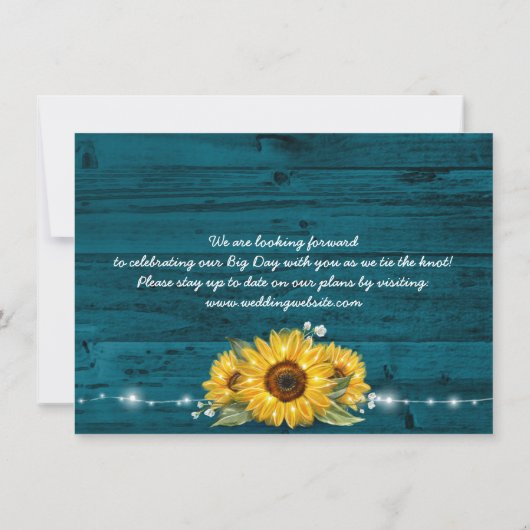 Blauwgroen rustieke zonnebloem foto bruiloft opsla save the date (Achterkant)