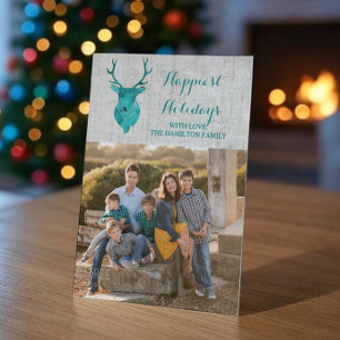 Blauwgroen Rustige Waterverf Deer Holiday-fotoflat Feestdagenkaart