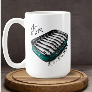 Blauwgroen Sardine Art Tin Custom Monogram Naam Koffiemok