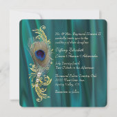 Blauwgroen Satijn en Peacock Feather Bruiloft Uitn Kaart (Voorkant)