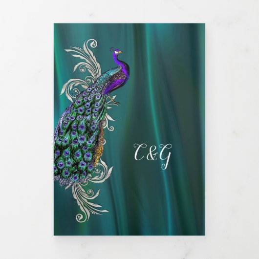 Blauwgroen Satijnen look met pauw bruiloft Drieluik Uitnodiging (Cover)