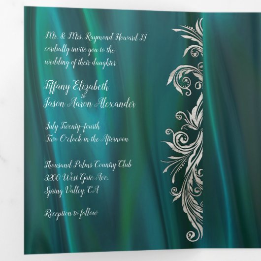 Blauwgroen Satijnen look met pauw bruiloft Drieluik Uitnodiging (Binnenzijde eerst)