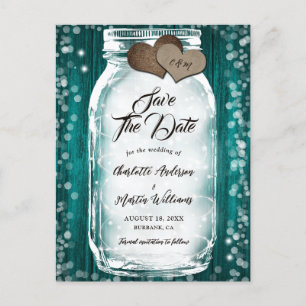 Blauwgroen Schuur Hout String Lights Mason Jar Wed Aankondigingskaart