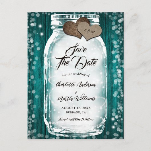 Blauwgroen Schuur Hout String Lights Mason Jar Wed Aankondigingskaart (Voorkant)