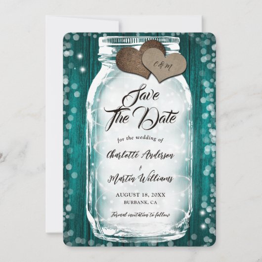 Blauwgroen Schuur Hout String Lights Mason Jar Wed Save The Date (Voorkant)